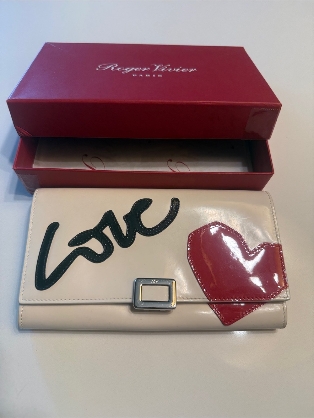 Roger Vivier Cream Leather Wallet with Black 'Love' Applique and Red Heart